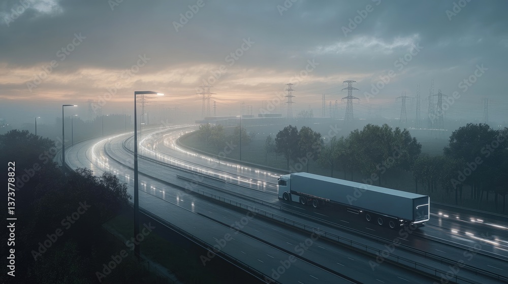 Fototapeta premium A futuristic electric freight truck on a smart highway at dawn.