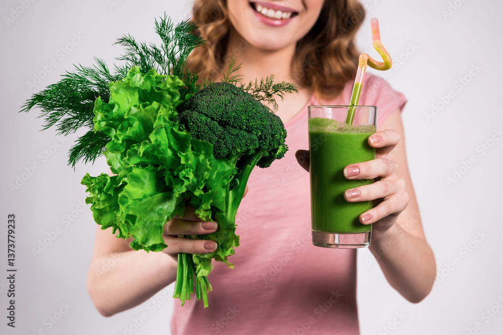 Girl posing with green juice and greenery isolated Girl posing with green juice and greenery isolated