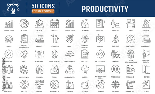 Productivity line editable icon set. Containing efficiency, focus, task,  workflow, growth, project management, productivity and more. Vector Illustration