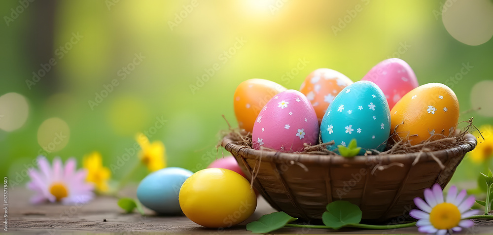 A blurred image of Easter eggs in soft pastel colors resting in a natural setting with flowers and sunlight in the background. The warm, cheerful atmosphere is perfect for spring designs A blurred image of Easter eggs in soft pastel colors resting in a natural setting with flowers and sunlight in the background. The warm, cheerful atmosphere is perfect for spring designs