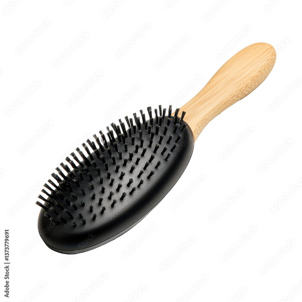 Black hairbrush with wooden handle for soft hair care