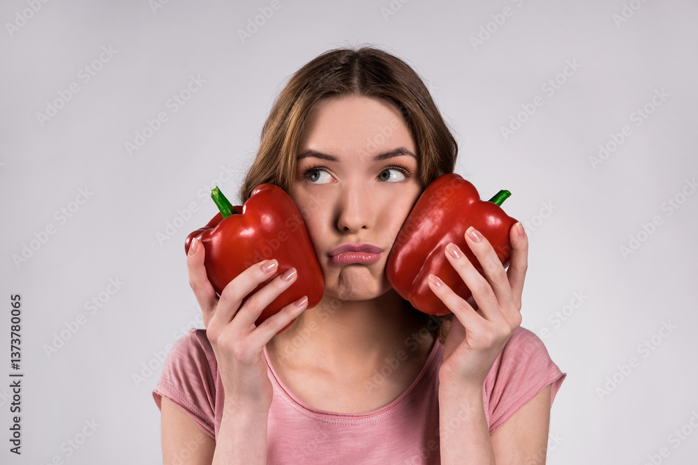 Happy girl posing with red peppers isolated. Happy girl posing with red peppers isolated.