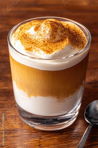Creamy layered coffee topped with cinnamon, served in clear glas
