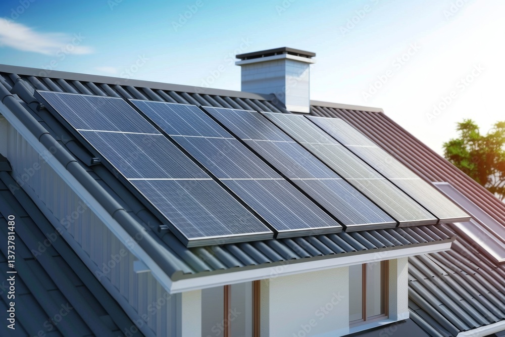Fototapeta premium Installation of solar panels on the roof of modern houses