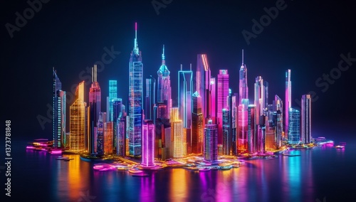 3D rendering of a neon cyberpunk cityscape with skyscrapers and glowing lights at night.