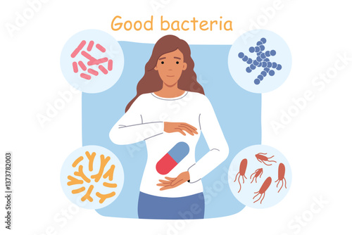 Obraz na płótnie Good bacteria are recommended by women for digestive health and improved immunity. Good bacteria and microorganisms around girl holding giant capsule with beneficial vitamins and bifidobacteria w salonie