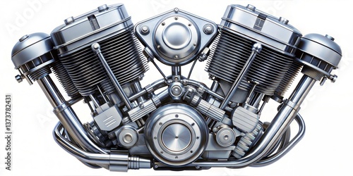 A close-up view of a polished, metallic motorcycle engine, showcasing its intricate components and mechanical design