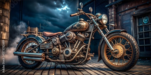 Steampunk Motorcycle with Intricate Designs Parked on Cobblestone Street