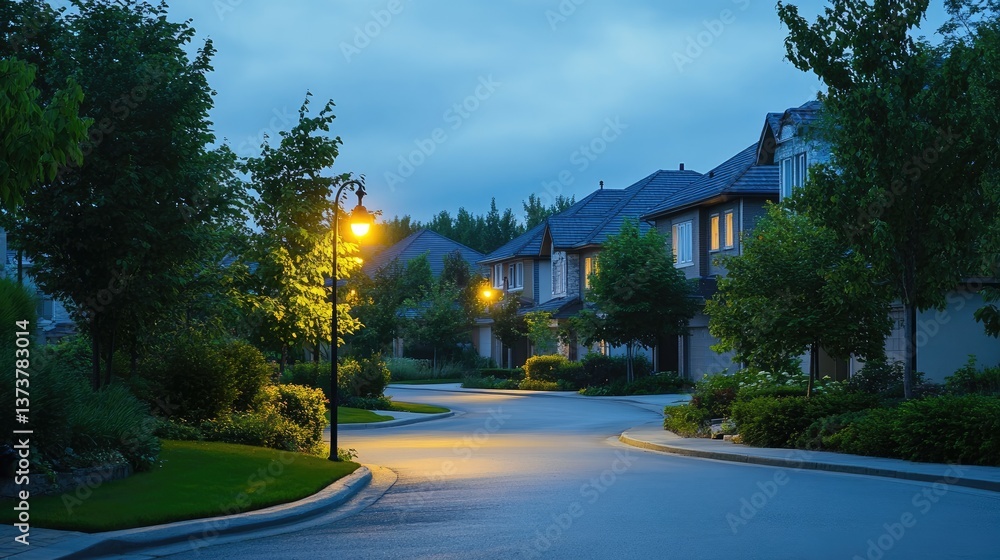 Obraz premium A quiet suburban road lined with streetlights and green trees at dusk.