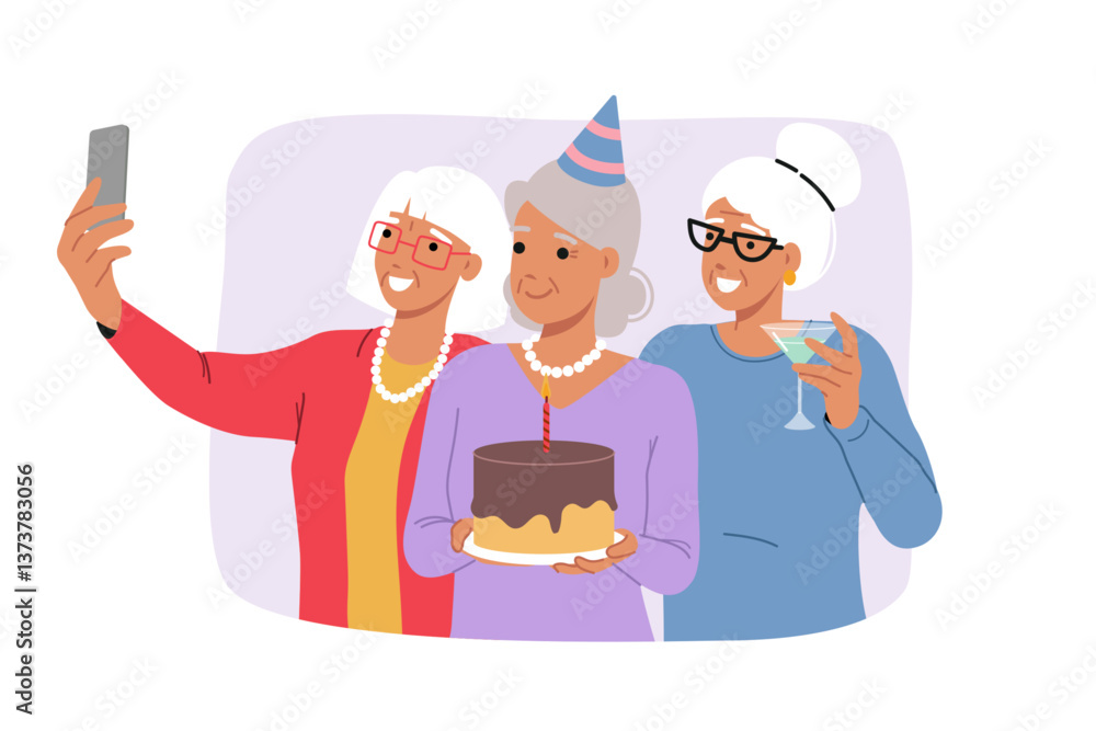 Birthday celebration of elderly woman holding cake and posing for selfie with friends. Birthday party for gray lady, who leads active lifestyle and does not lose heart after old age