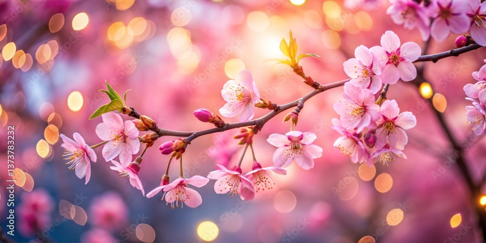 Fototapeta premium Beautiful Cherry Blossoms with Soft Pink Flowers and Bokeh Lights