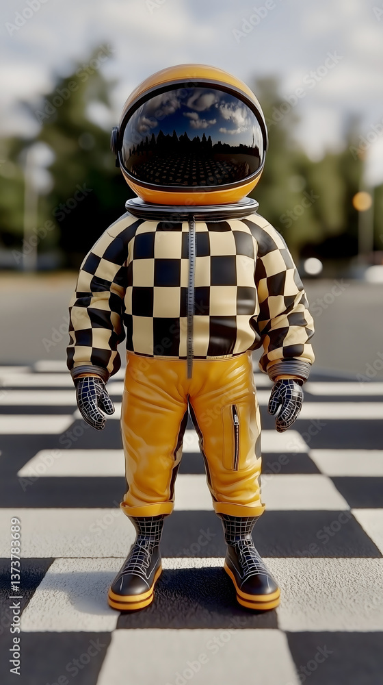 Obraz premium Colorful astronaut in a checkered outfit standing on a crosswalk in a futuristic cityscape during daytime