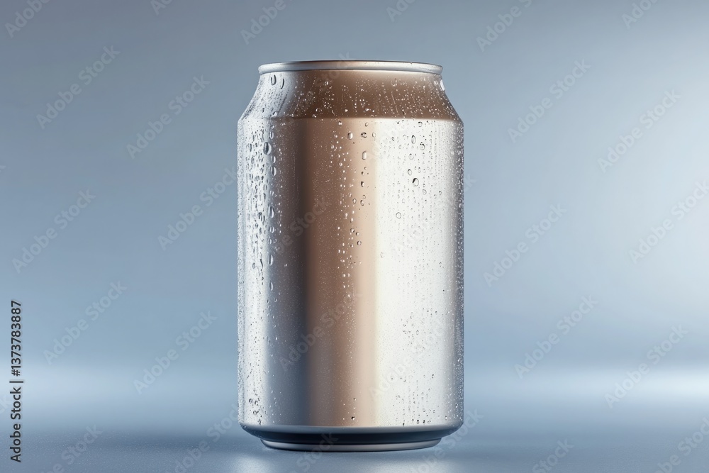 Sleek metallic can adorned with droplets, reflecting ambient lig Sleek metallic can adorned with droplets, reflecting ambient lig