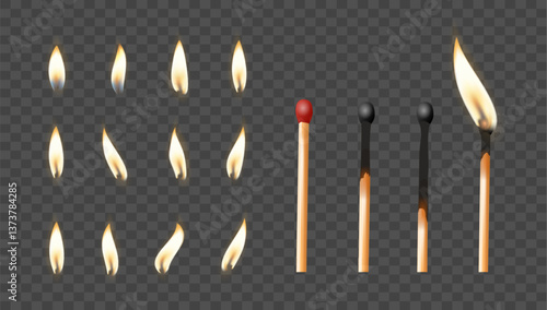 Matchbox, empty package for match sticks in top and perspective view. Realistic mockup of 3d blank box. Stages of burning the match. Symbol of ignition burning. Vector