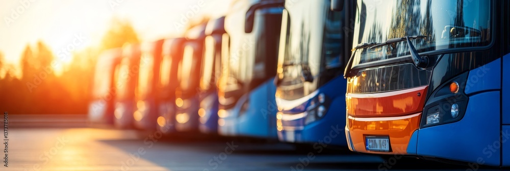 Fleet of Modern City Buses Parked in the Warm Evening Sun Public Transportation Concept