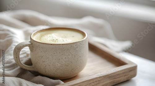 Cozy cup of turmeric latte, perfect for a relaxing morning. Warm beverage, comfort drink. Wooden tray setting.