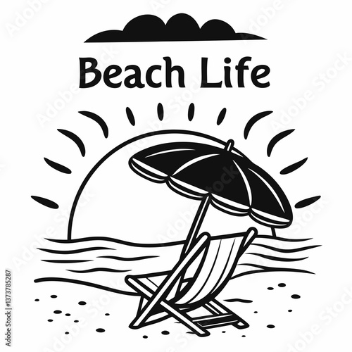 Beach Life: Relaxing Sunset Scene with Beach Chair and Umbrella
