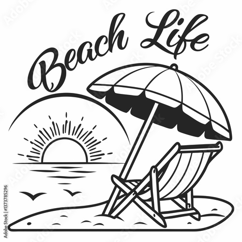 Relaxing Beach Life: Sunset, Beach Chair, and Umbrella Illustration