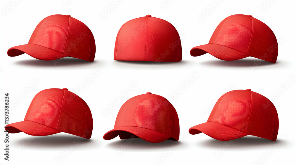 Six Views of a Red Baseball Cap on White Background Six Views of a Red Baseball Cap on White Background