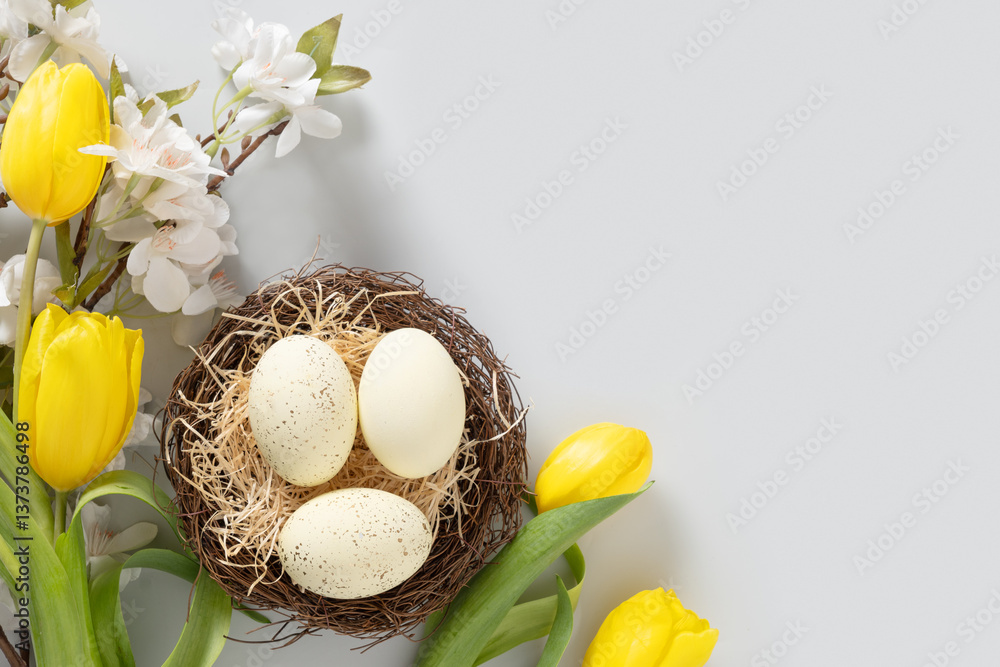 Easter eggs in nest and spring yellow tulips on gray background. View from above. Easter greeting card with copy space. Top view. Greeting card.