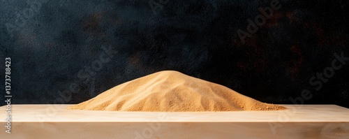 A mound of fine sand sits on a wooden surface against a dark textured backdrop, creating a minimalist and serene composition.