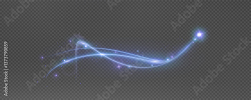 Vector png background with blue glowing lines. Blue glowing lines of speed. Light glow effect. Light trail wave, fire trail line and glow curve swirl.