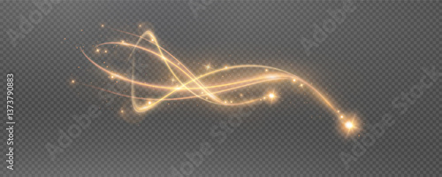 Vector png background with gold glowing lines. Gold glowing lines of speed. Light glow effect. Light trail wave, fire trail line and glow curve swirl.