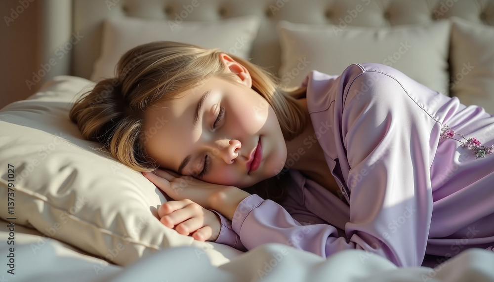 Sleeping girl with a serene expression on soft pillows Sleeping girl with a serene expression on soft pillows