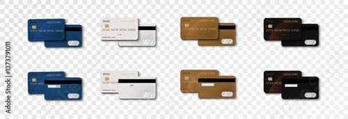 Set of mockups of credit and gift bank cards. Vector template of plastic bank cards png on transparent background.	
