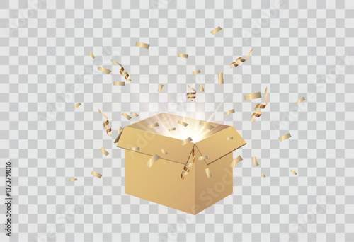 Gift Box Set, open and closed. Set of Christmas boxes with ribbons, bows and surprises, vector png.	
