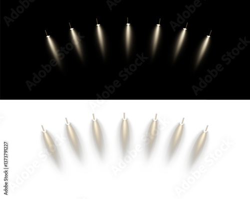 The vector set of light includes a light source, studio lighting, walls, and a PNG. It also includes spotlight lighting and a spotlight PNG. Finally, it includes light beams and a light effect.