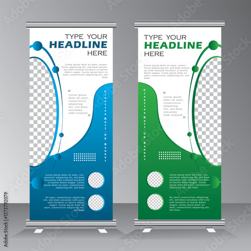 roll up banner design template with image space, vertical banner design with green and blue color, polygon standee, x banner, welcome pull up, vector eps 10