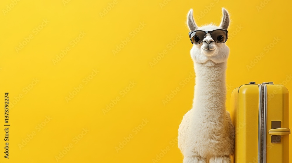 Fototapeta premium White llama wearing sunglasses stands in front of a yellow suitcase. The scene is playful and whimsical, with the llama appearing to be a traveler or a tourist. The combination of the llama
