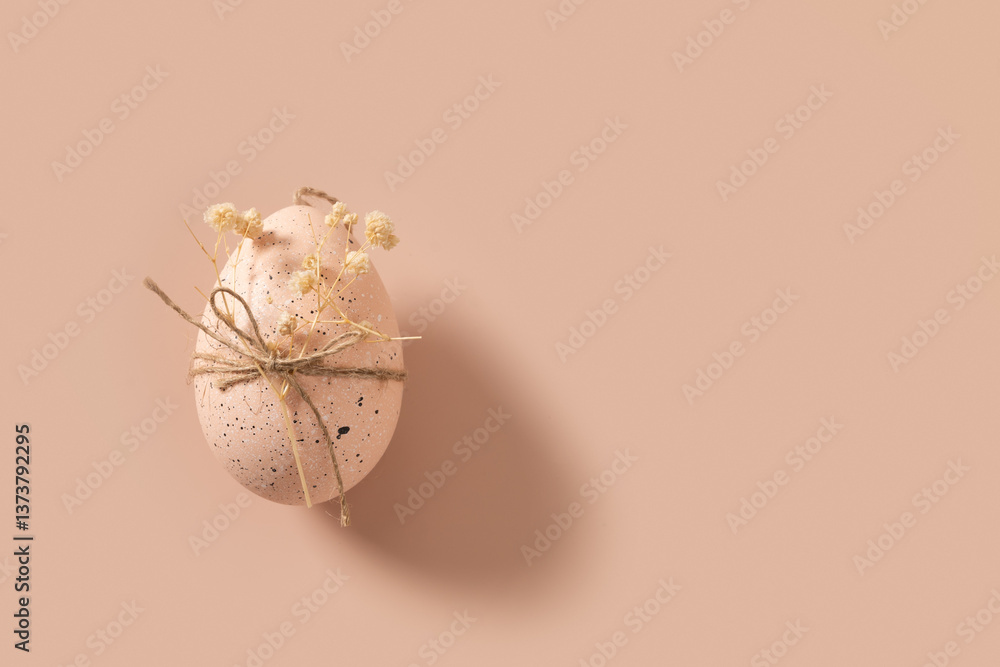 Easter chicken pink eggs decorated white gypsophila flowers on beige pink nude background. View from above. Minimal concept. Copy space.