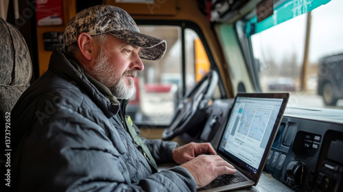 A truck driver checks road conditions on a laptop inside his vehicle, situated near a highway. He is focused on ensuring safe travel amidst winter weather challenges.