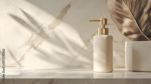 Elegant soap dispenser on marble counter with warm light and decorative leaf detail. Minimalist bathroom decor.