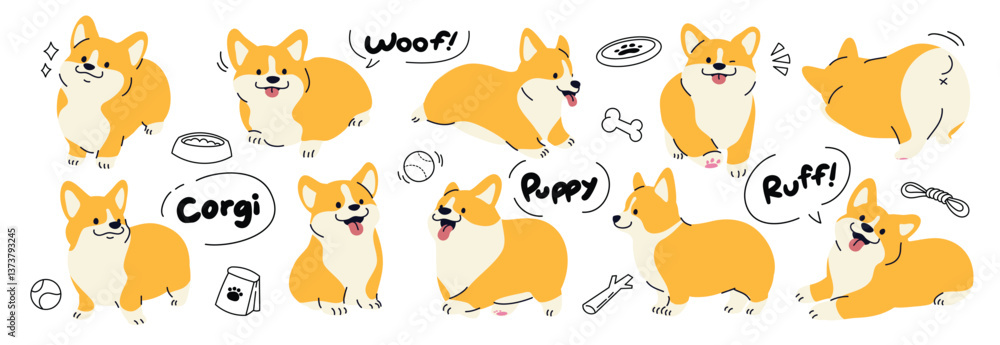 Fototapeta premium Set of cute corgi dog vector. Lovely dog doodle in different poses with food bowl, bone, ball. Adorable funny pet and many characters hand drawn collection for T-shirt, sticker, print, pet shop.