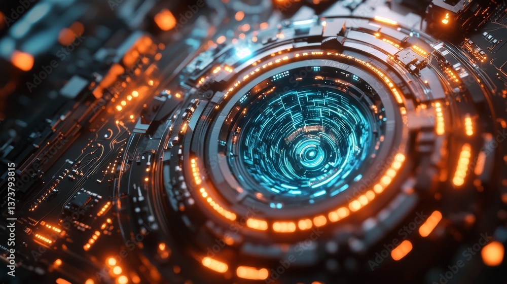 Close-up of a high-tech, circular digital interface, featuring bright blue and orange glowing lights. The intricate design suggests advanced technology, perfect for sci-fi or AI themes.. AI Generation Close-up of a high-tech, circular digital interface, featuring bright blue and orange glowing lights. The intricate design suggests advanced technology, perfect for sci-fi or AI themes.. AI Generation