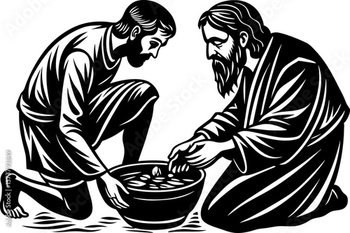 Holy Week. Symbolic representation of Christ’s humility in washing a disciple’s feet Linocut vector. A biblical illustration of Jesus washed one disciple's feet while the others waited their turn.