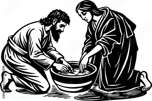 Holy Week. Symbolic representation of Christ’s humility in washing a disciple’s feet Linocut vector. A biblical illustration of Jesus washed one disciple's feet while the others waited their turn.