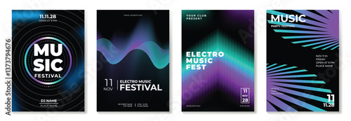 Music poster design background vector set. Electro Sound Cover template with vibrant abstract gradient geometric shape. Ideal design for social media, flyer, party, music festival, club.
