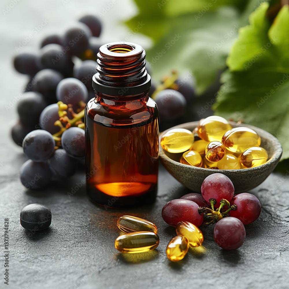 Healthy grape seed oil and supplements display. Healthy grape seed oil and supplements display.