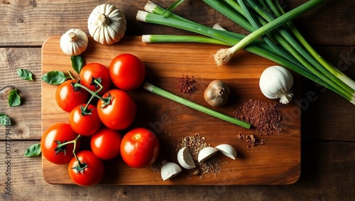 Fresh, ripe red and green vegetables including cherry tomatoes and garlic decorate a natural wooden table, suggesting a healthy, organic 
