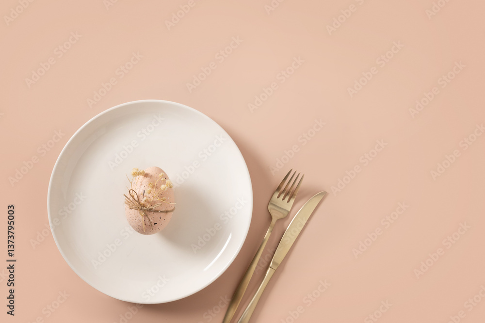 Easter table setting with white plate, pink egg decorated white gypsophila on pink background. Happy Easter celebration. Top view. Copy space.