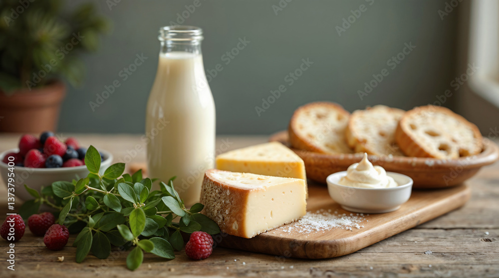 Desayuno rústico con queso, pan, leche y frutas frescas Desayuno rústico con queso, pan, leche y frutas frescas