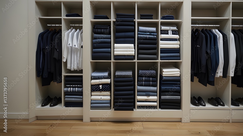 Obraz premium Neatly Arranged Cupboard – Folded men’s shirts in black, white, navy blue, stacked with trousers