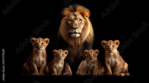 Captivating studio portrait of a male lion proudly surrounded by four playful cubs against a dark background. This image embodies strength, unity, and family within the wild.. AI Generation
