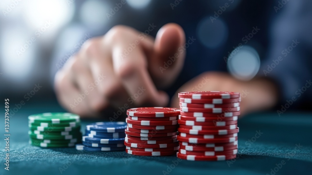 Poker Player Focusing on Chip Stacks, Representing Strategic Decision-Making in a Casino Environment During a Tournament Poker Player Focusing on Chip Stacks, Representing Strategic Decision-Making in a Casino Environment During a Tournament