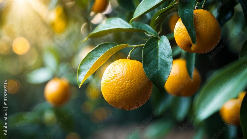 Fresh orange tree under sunlight