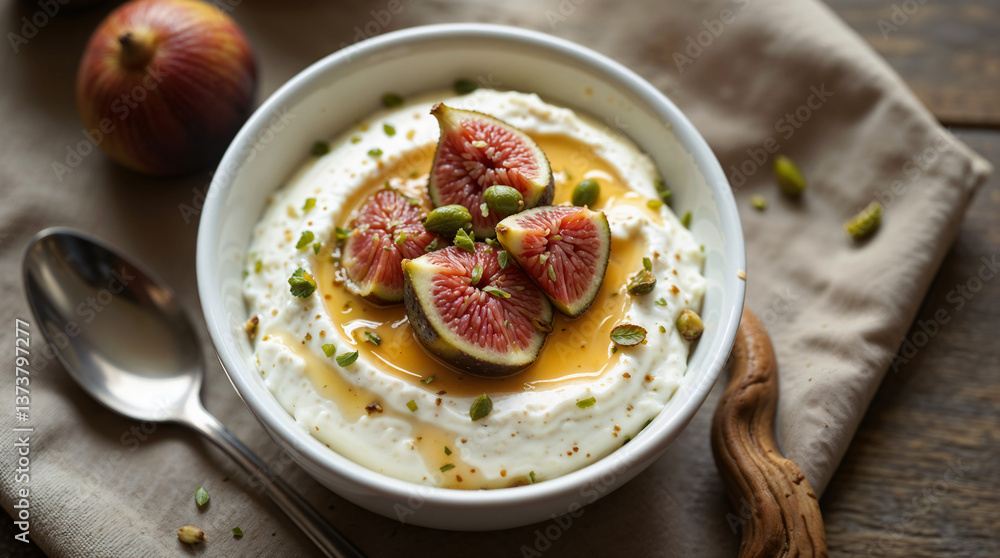 Yogur con higos frescos, miel y pistachos servido en cuenco sobre tabla rústica Yogur con higos frescos, miel y pistachos servido en cuenco sobre tabla rústica